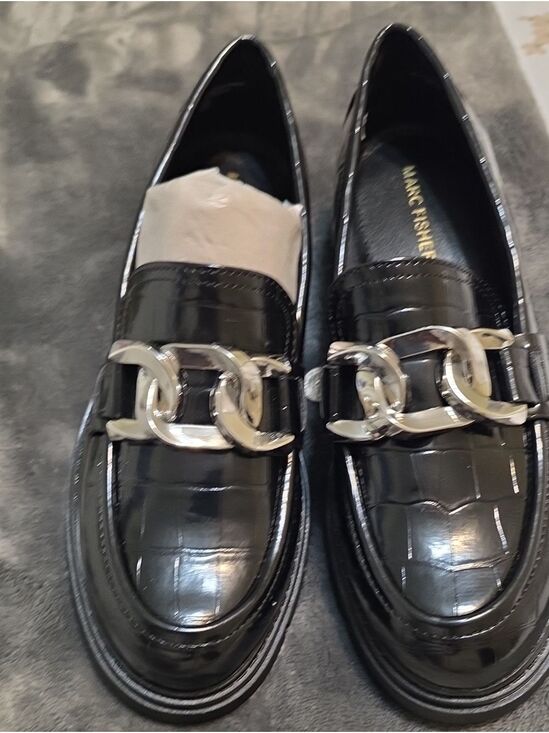 Marc Fisher Shoes - Marc Fisher Black Patent Loafers with Silver Chain Detail